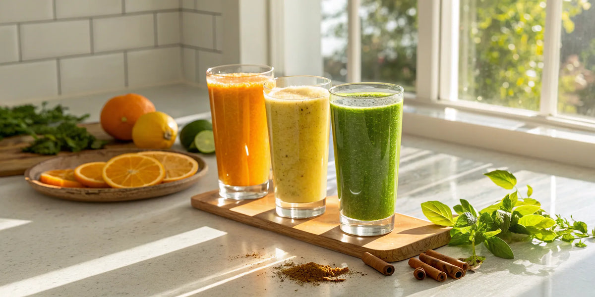 Three glasses of anti-inflammatory drinks made with leafy greens, oranges, and spices.
