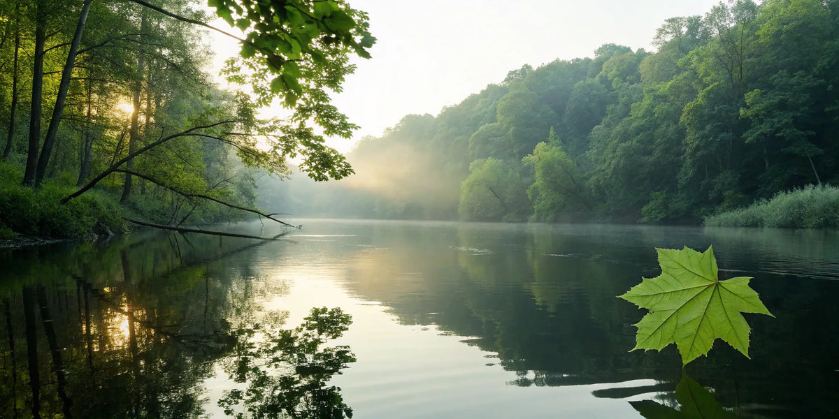 A calm, clear river at sunrise, reflecting the signs of a liver detox working.