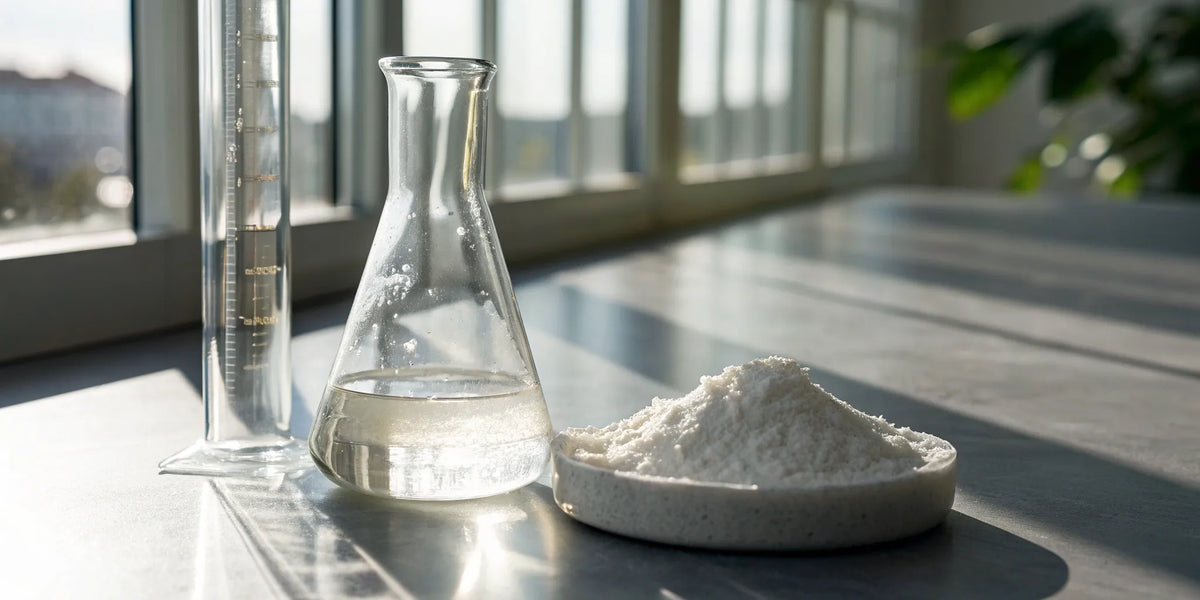 Lab beakers with creatine powder for a study on if creatine increases testosterone.
