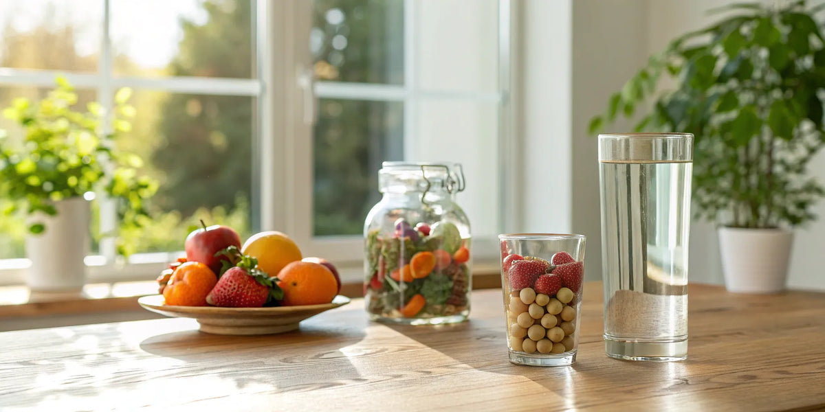 A healthy meal with fruit and water to help minimize potential HMB side effects.