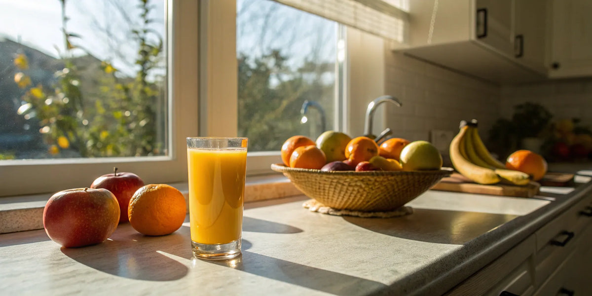 A bottle of multivitamins with iron next to a glass of orange juice for improved absorption and health benefits.