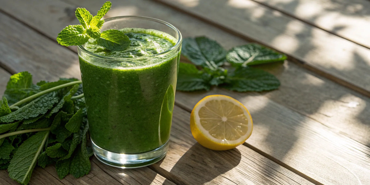 A glass of an organic super greens powder drink with fresh mint and lemon.