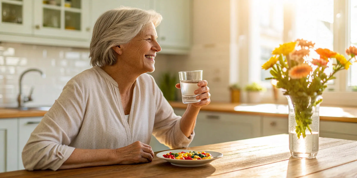 A smiling woman over 50 taking the best multivitamin to support her health and wellness.